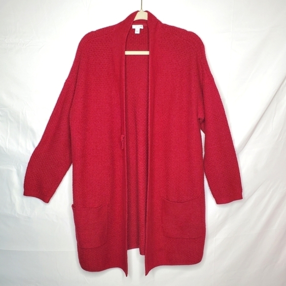 J. Jill Long Sleeve Knit Cardigan Size L Long Line Cozy Red Sweater with Pockets - Picture 1 of 13